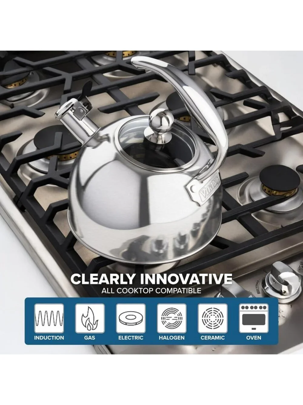 Viking  2.6 Qt 3-Ply Stainless Steel Kitchen Tea Kettles Satin Silver Induction